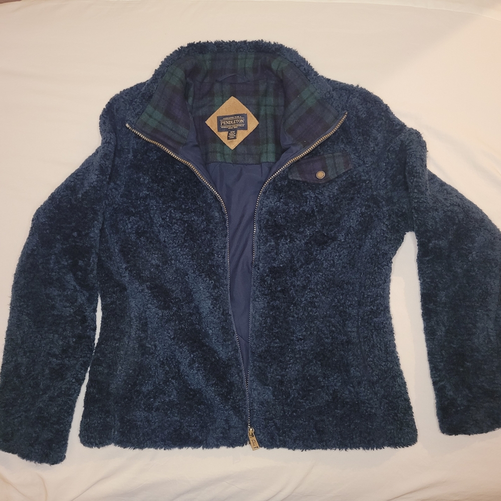 Pendleton Fleece Jacket Navy Blue Full Zip Plaid Lining Women's Mid-Length M